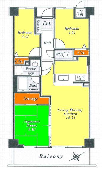 Floor plan. 3LDK, Price 13,980,000 yen, Occupied area 62.41 sq m , Balcony area 8.4 sq m
