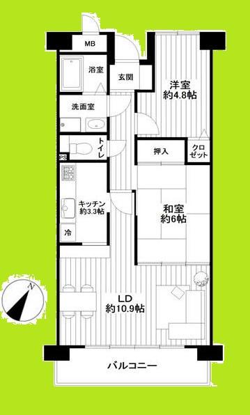 Floor plan. 2LDK, Price 8.9 million yen, Occupied area 58.11 sq m , Balcony area 7.83 sq m