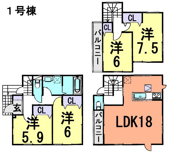 Floor plan. (1 Building), Price 24,800,000 yen, 4LDK, Land area 81.24 sq m , Building area 103.92 sq m