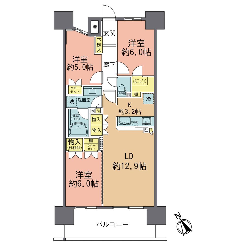 Floor plan. 3LDK, Price 26,800,000 yen, Occupied area 73.83 sq m , Balcony area 12.2 sq m