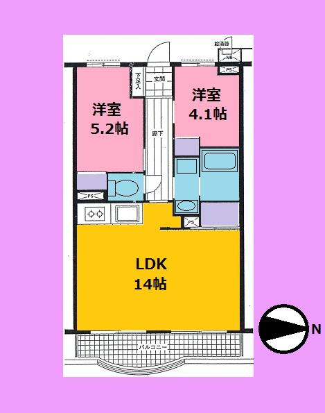 Floor plan. 2LDK, Price 7.5 million yen, Occupied area 53.48 sq m , Balcony area 6.98 sq m