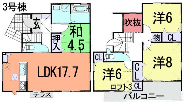Floor plan. (3 Building), Price 24,800,000 yen, 4LDK, Land area 120 sq m , Building area 102.67 sq m
