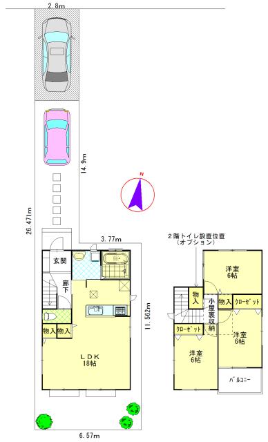 Floor plan. (Building 2), Price 21,800,000 yen, 3LDK, Land area 119.57 sq m , Building area 86.53 sq m
