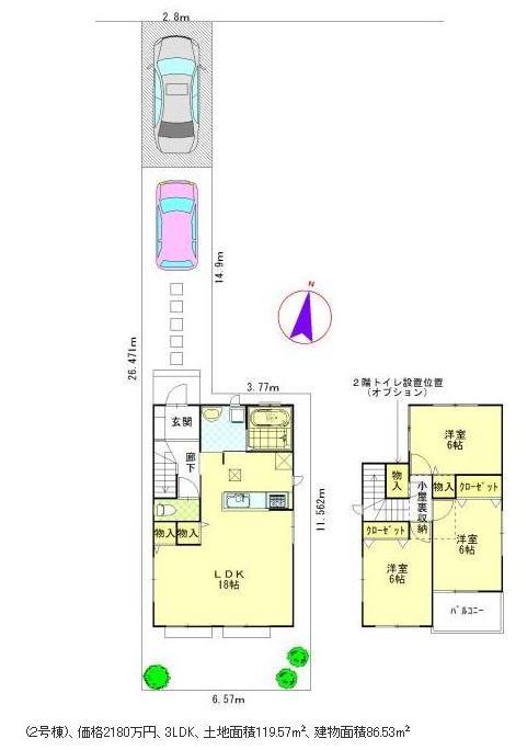 Floor plan. (2), Price 21,800,000 yen, 3LDK, Land area 119.57 sq m , Building area 86.53 sq m