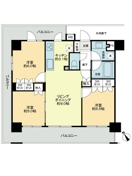 Floor plan. 3LDK, Price 30,800,000 yen, Occupied area 60.35 sq m , Balcony area 25.54 sq m
