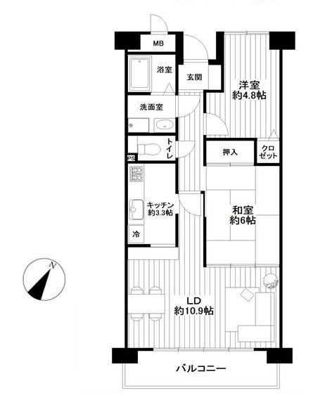 Floor plan. 2LDK, Price 8.9 million yen, Occupied area 58.11 sq m , Balcony area 7.83 sq m renovated 2LDK Southeast sunny