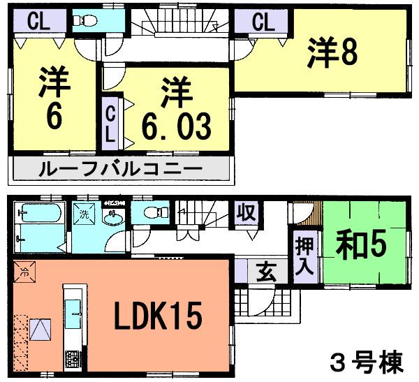 Floor plan. (3 Building), Price 26,800,000 yen, 4LDK, Land area 103.79 sq m , Building area 98.12 sq m