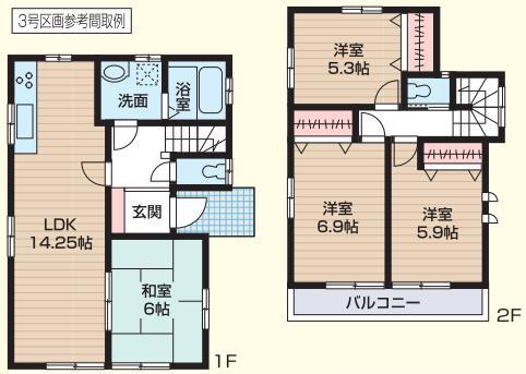 Building plan example (floor plan). Building plan example (NO.3) 4LDK, Land price 24,110,000 yen, Land area 122.42 sq m , Building price 12,690,000 yen, Building area 89.23 sq m