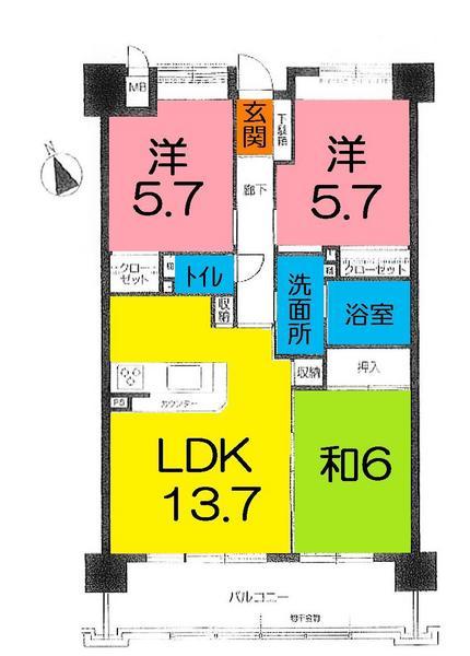 Floor plan. 3LDK, Price 15.8 million yen, Occupied area 68.21 sq m , Balcony area 11.35 sq m