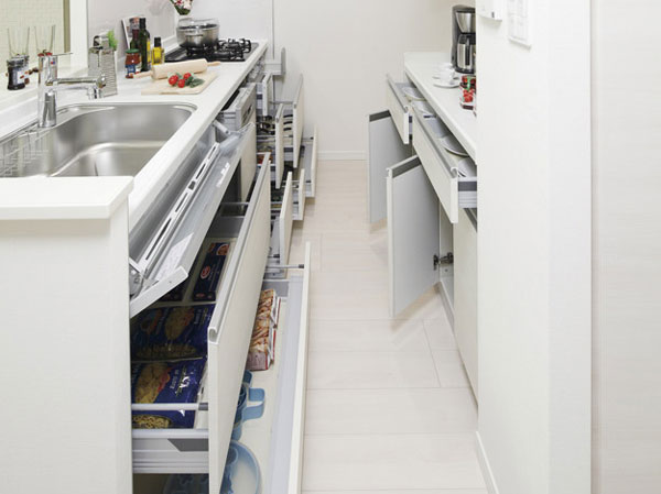 Kitchen.  [Slide cabinet (with Bull motion function)] Loosen the speed just before the drawer is closed, With Bull motion functions close to slowly quiet.