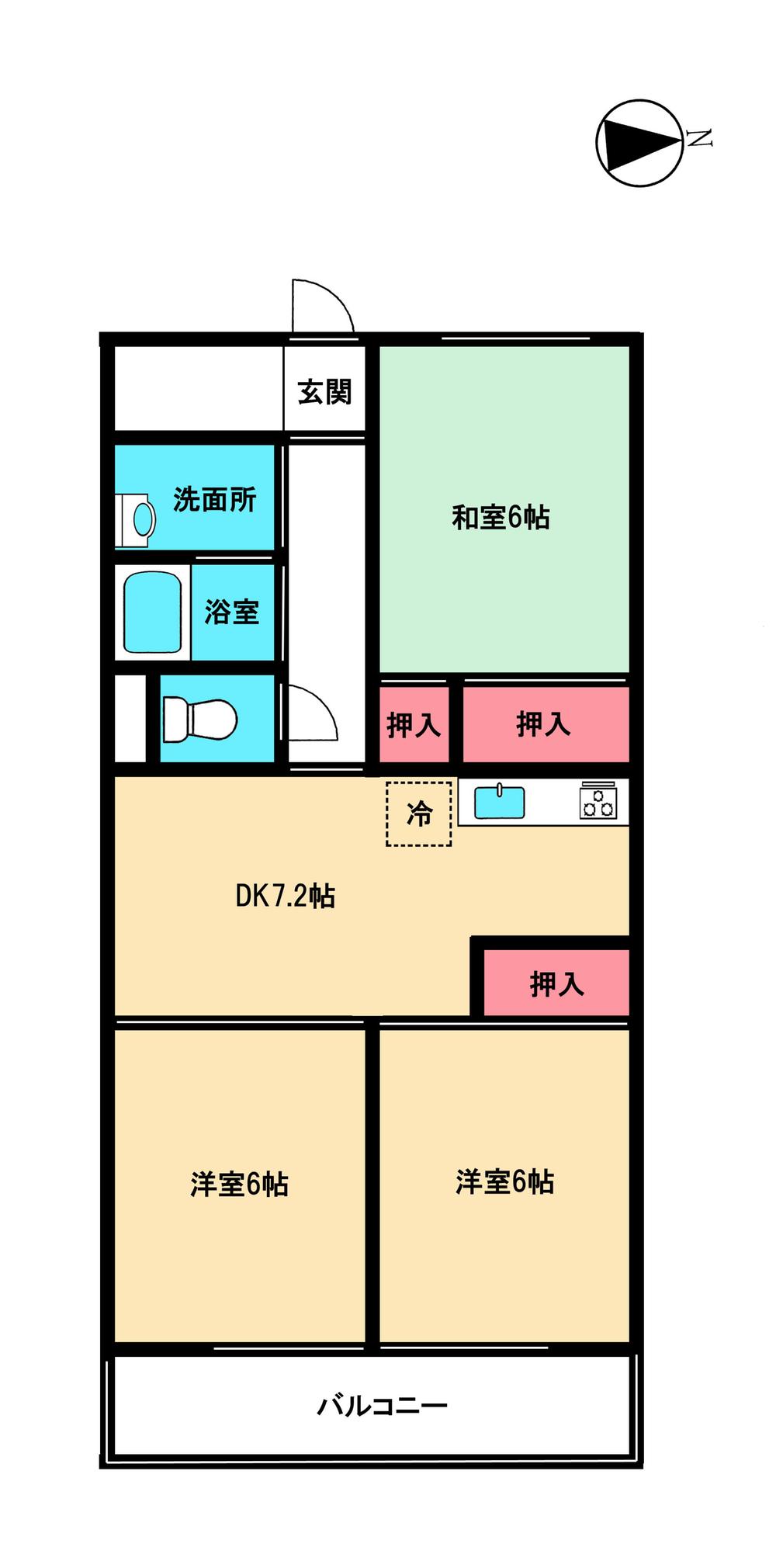 Floor plan. 3DK, Price 9.7 million yen, Occupied area 60.44 sq m , Balcony area 7.28 sq m