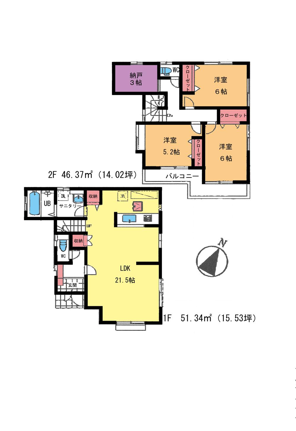 Floor plan. (1 Building), Price 27,800,000 yen, 4LDK, Land area 94 sq m , Building area 97.71 sq m