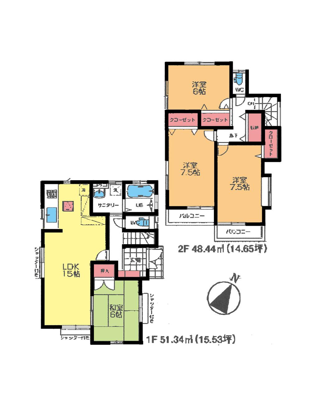 Floor plan. (Building 2), Price 27,800,000 yen, 4LDK, Land area 100 sq m , Building area 99.78 sq m