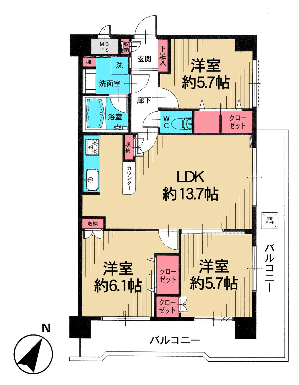 Floor plan. 3LDK, Price 19.9 million yen, Footprint 67.6 sq m , This room of the balcony area 19.29 sq m southeast corner room