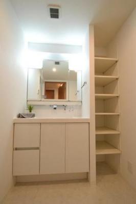 Wash basin, toilet. There is a storage convenient shelf