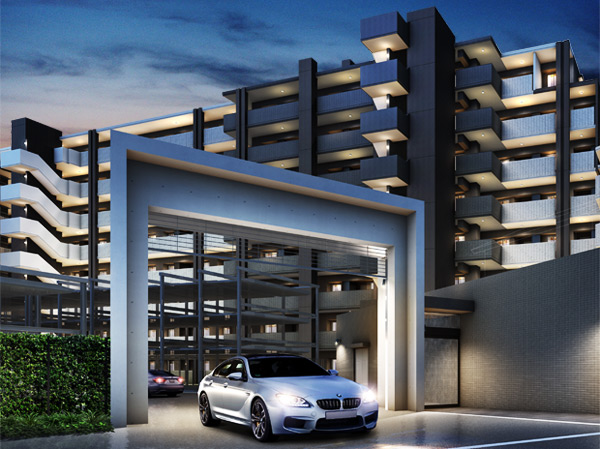 Features of the building.  [Grill shutter gate] Installing a grille shutter gate in the approach to the mechanical on-site parking. At any time to protect the car.  ※ Is there is a limit to the type of vehicle, etc.. The photograph is an example of a parking can car (Rendering)