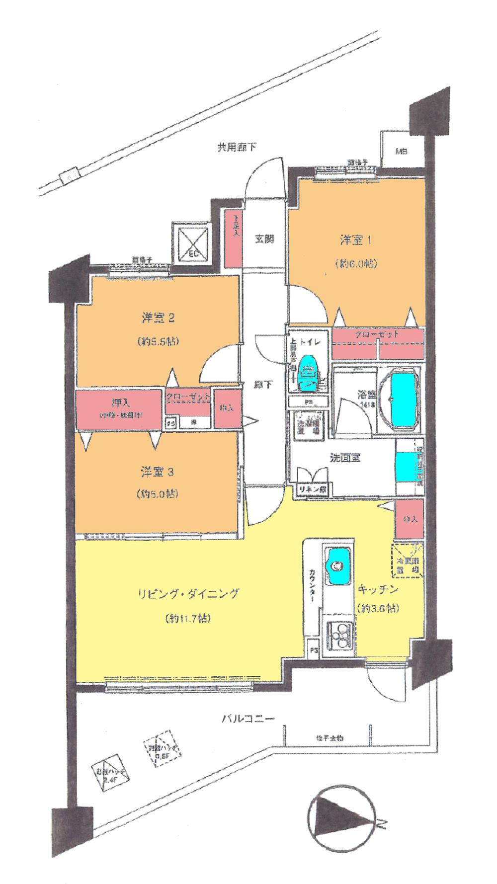 Floor plan. 3LDK, Price 23.8 million yen, Occupied area 69.29 sq m , Balcony area 15.39 sq m floor plan