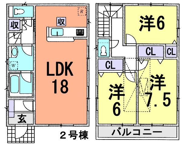 Floor plan. (Building 2), Price 24,800,000 yen, 3LDK, Land area 105.71 sq m , Building area 87.07 sq m