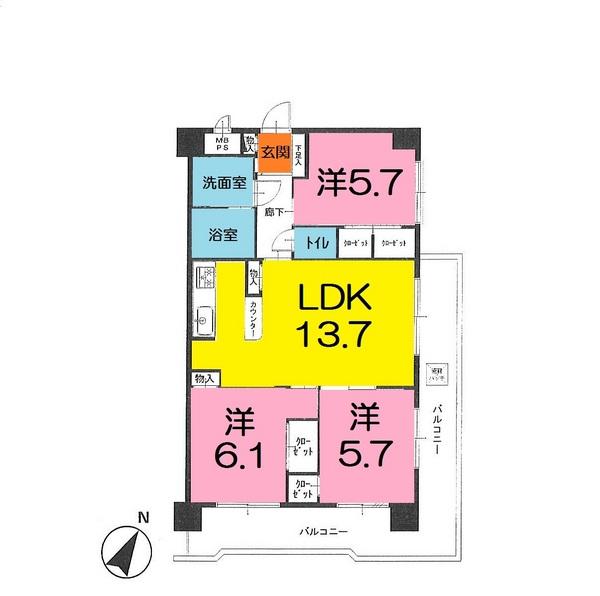 Floor plan. 3LDK, Price 19.9 million yen, Footprint 67.6 sq m , Balcony area 19.29 sq m