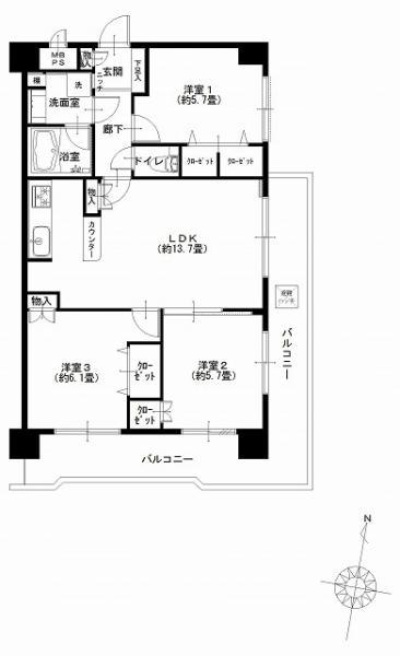 Floor plan. 3LDK, Price 19.9 million yen, Footprint 67.6 sq m , Balcony area 19.29 sq m south-facing two-sided balcony