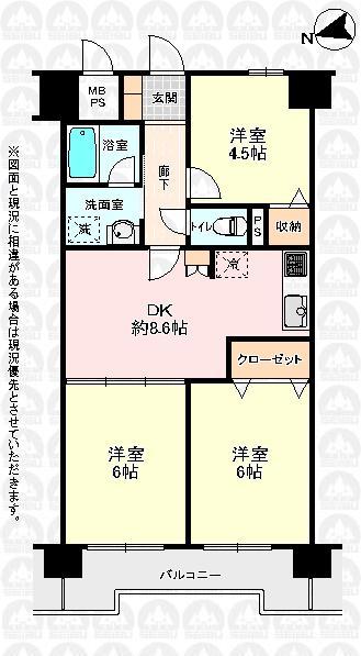 Floor plan. 3DK, Price 15.8 million yen, Occupied area 55.08 sq m , Balcony area 7.16 sq m floor plan
