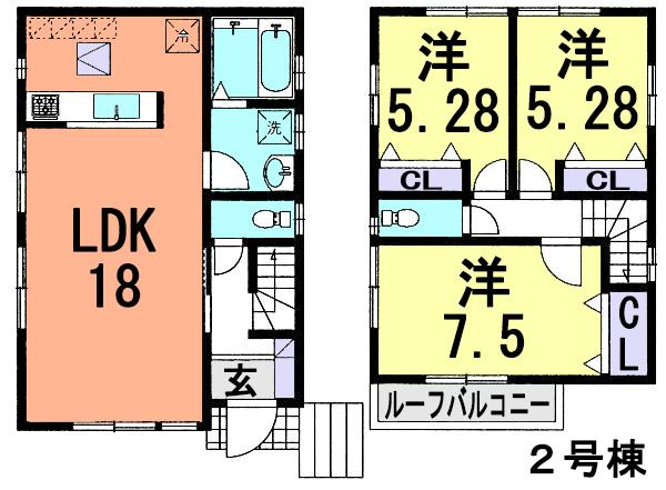 Floor plan. (Building 2), Price 22,800,000 yen, 3LDK, Land area 103.92 sq m , Building area 83.62 sq m
