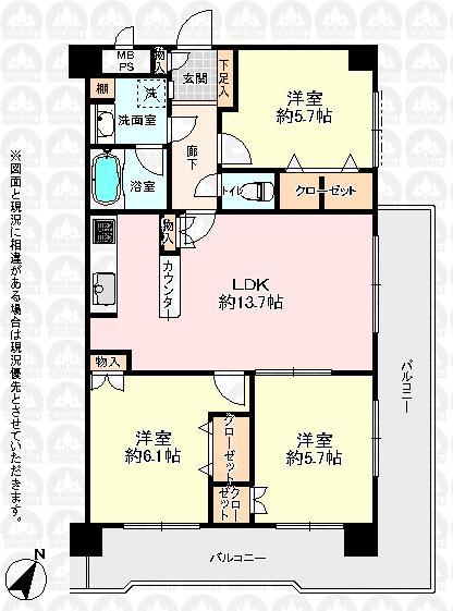 Floor plan. 3LDK, Price 19.9 million yen, Footprint 67.6 sq m , Balcony area 19.29 sq m