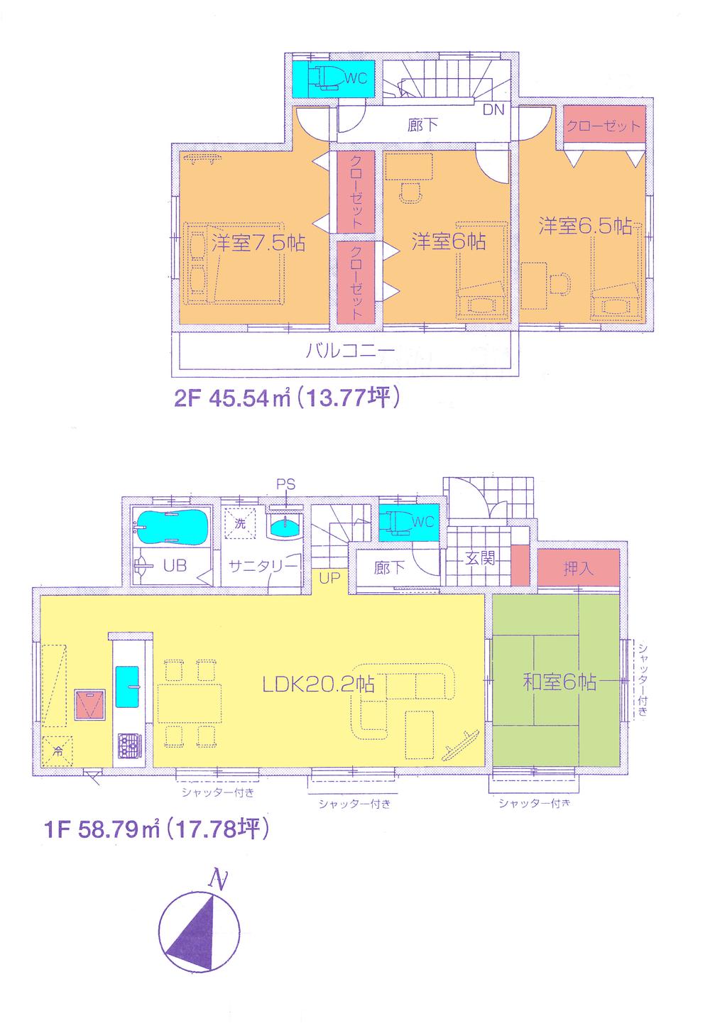 Floor plan. (Building 2), Price 22,800,000 yen, 4LDK, Land area 219.37 sq m , Building area 104.33 sq m