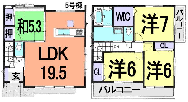 Floor plan. (5 Building), Price 28.8 million yen, 4LDK, Land area 122.1 sq m , Building area 99.22 sq m