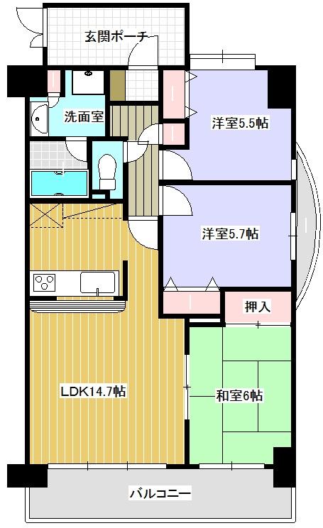Floor plan. 3LDK, Price 9.6 million yen, Occupied area 70.38 sq m , Balcony area 12.44 sq m southeast angle room