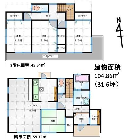 Floor plan. 30,800,000 yen, 4LDK + S (storeroom), Land area 201.8 sq m , Building area 104.86 sq m 18 Pledge of living, Sunny for each room facing south