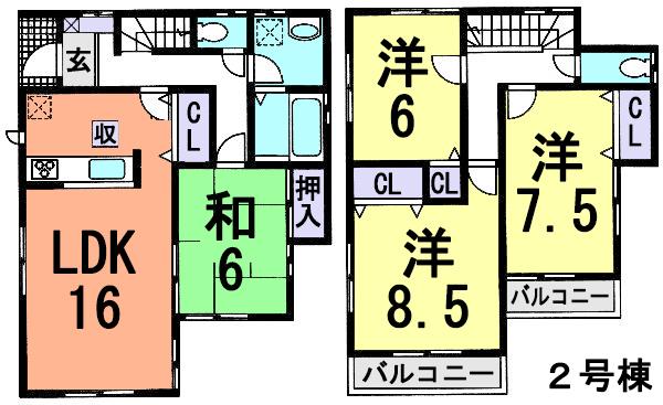 Floor plan. (Building 2), Price 22,800,000 yen, 4LDK, Land area 126.83 sq m , Building area 102.87 sq m