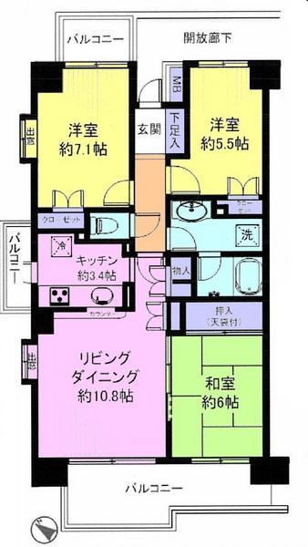 Floor plan. 3LDK, Price 19,800,000 yen, Occupied area 72.74 sq m , Balcony area 15.87 sq m