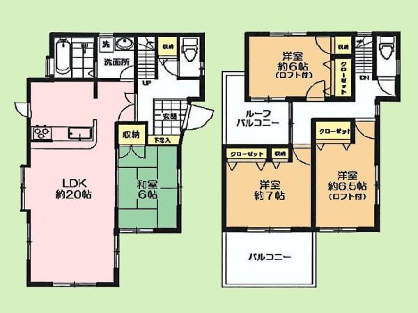 Floor plan. 24 million yen, 4LDK, Land area 146.21 sq m , Building area 108.89 sq m large 20 tatami living and a large balcony boasts of floor plan. The Western-style also has a loft.