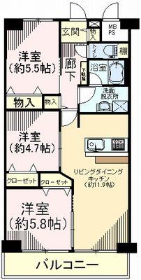 Floor plan. 3LDK, Price 13,900,000 yen, Footprint 66 sq m , Balcony area 6.96 sq m