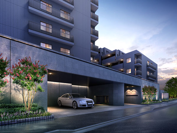 Shared facilities.  [Entrance approach] Some depth and style, Luxurious entrance. Apart from the dynamic lines of the car and pedestrian, It is designed with a sense of security. (Rendering)
