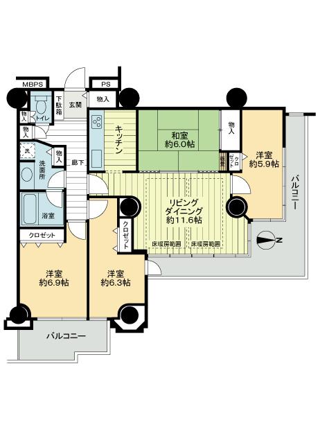 Floor plan. 4LDK, Price 36,800,000 yen, Footprint 91.1 sq m , Balcony area 19.46 sq m