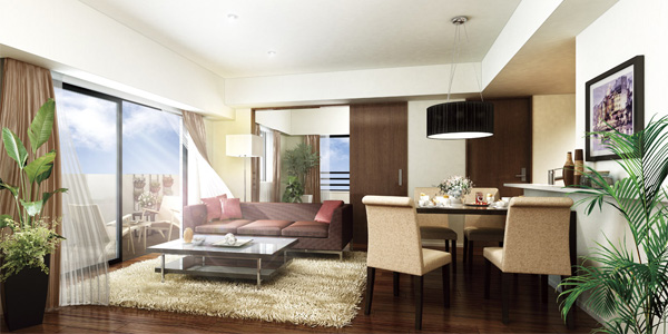 Living.  [living ・ dining] Same property that has been designed around the south-facing. Space living room of which was a bright two-sided lighting spacious if integrated use by opening the sliding door of the adjacent Western-style ・ dining. (Model Room A type Rendering)