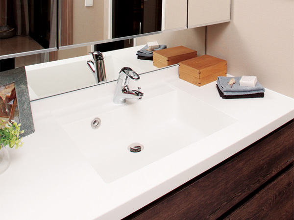 Bathing-wash room.  [Square basin bowl] Simple top plate integrated processing of Square wash bowl to care without seams. (Same specifications)