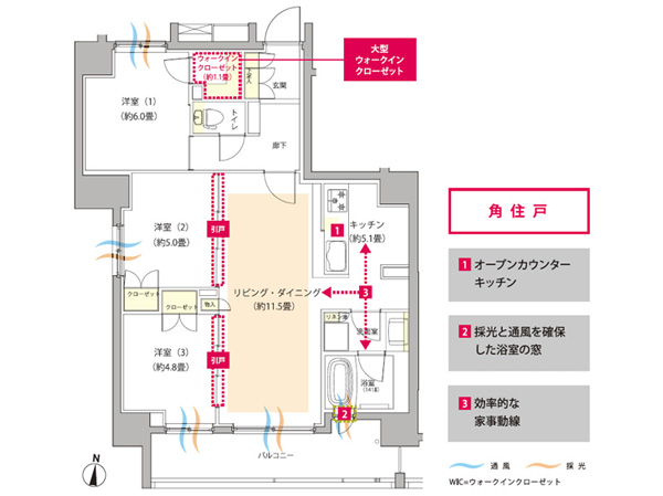 Room and equipment. 8th floor more than one floor 2 units. Also with consideration to the privacy of the for independence and family. 3LDK ・ 70 sq m more than all households angle dwelling unit. Storage capacity attractive enhancement, including the walk-in closet. (F type ・ 3LDK+WIC / Footprint: 72 sq m , Balcony area: 10.26 sq m)