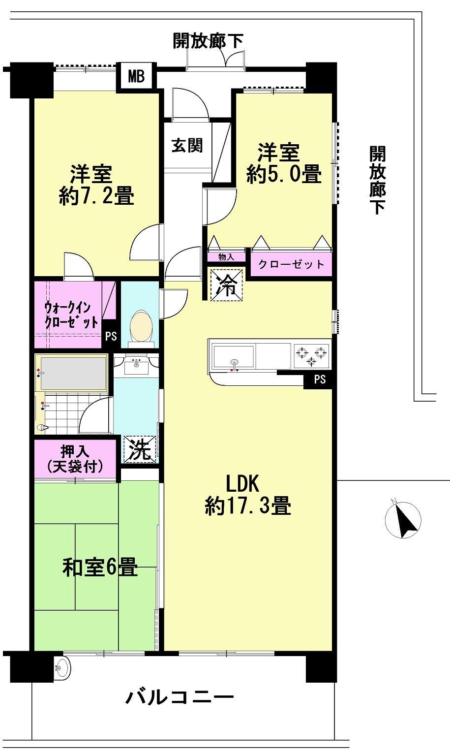 Floor plan. 3LDK, Price 18.5 million yen, Footprint 76.4 sq m , Balcony area 12.8 sq m