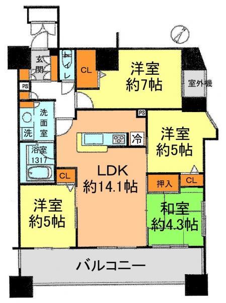 Floor plan. 4LDK, Price 19,980,000 yen, Occupied area 76.53 sq m , Balcony area 18.94 sq m