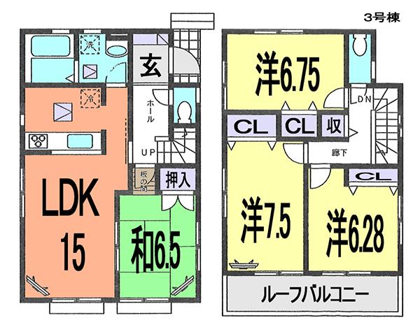 Floor plan. (3 Building), Price 29,800,000 yen, 4LDK, Land area 109 sq m , Building area 98.95 sq m