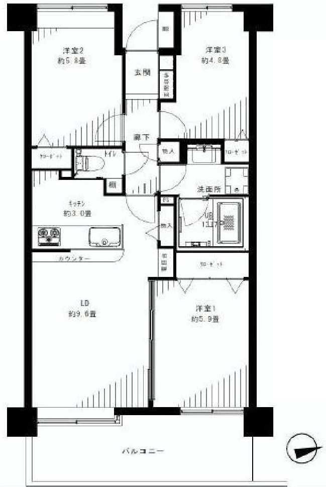 Floor plan. 3LDK, Price 31,800,000 yen, Occupied area 64.74 sq m , Balcony area 9.9 sq m
