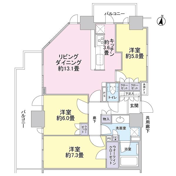 Floor plan. 3LDK, Price 54,800,000 yen, Occupied area 78.99 sq m , Balcony area 21.12 sq m