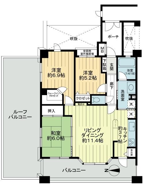 Floor plan. 3LDK, Price 21 million yen, Occupied area 75.19 sq m , Balcony area 10.71 sq m roof balcony angle dwelling unit