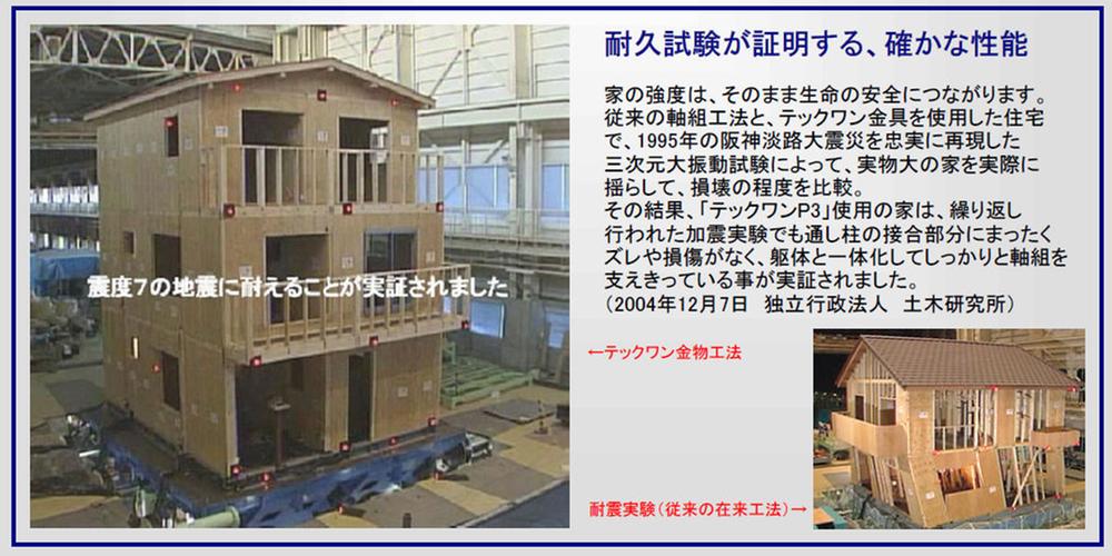 Other Equipment. The strength of the house, It will lead directly to the life safety. By a three-dimensional large vibration test that reproduces the Great Hanshin Earthquake of 1995, Result tried actually rock the actual size of the house, It is not exactly the displacement and damage to the joint portion of the continuous columns, It has been demonstrated to be fully support the tightly framing integral with the body member. (December 7, 2004 Independent administrative agency Public Works Research Institute)