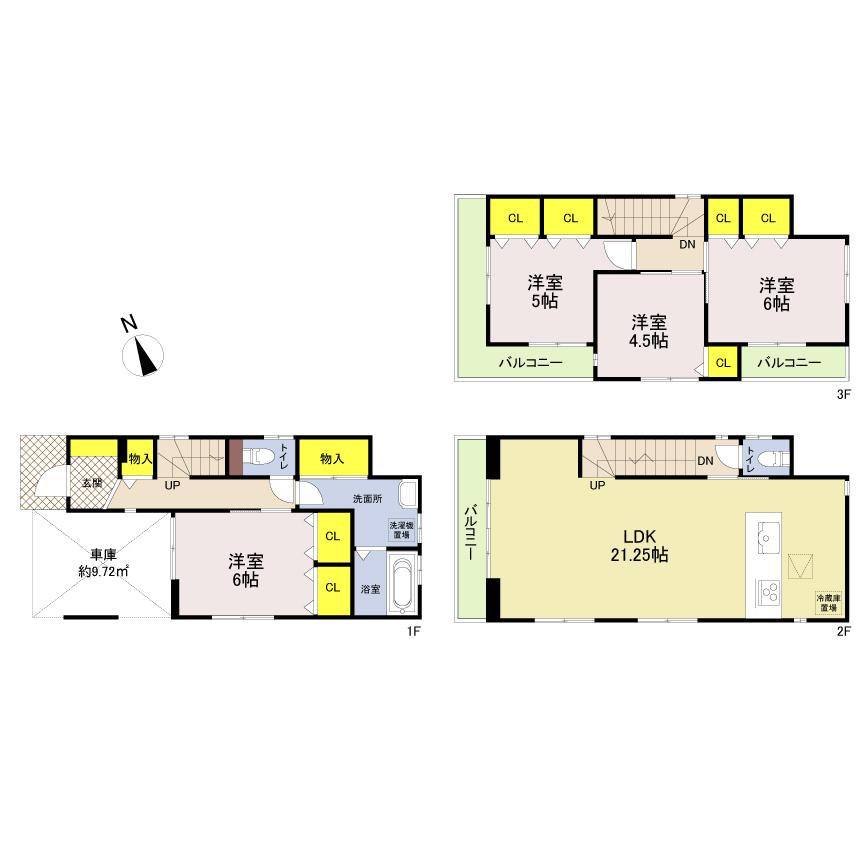 Floor plan. (3 Building), Price 36,800,000 yen, 4LDK, Land area 71.29 sq m , Building area 105.69 sq m
