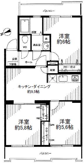 Floor plan. 3DK, Price 14 million yen, Occupied area 60.03 sq m , Balcony area 14.17 sq m floor plan