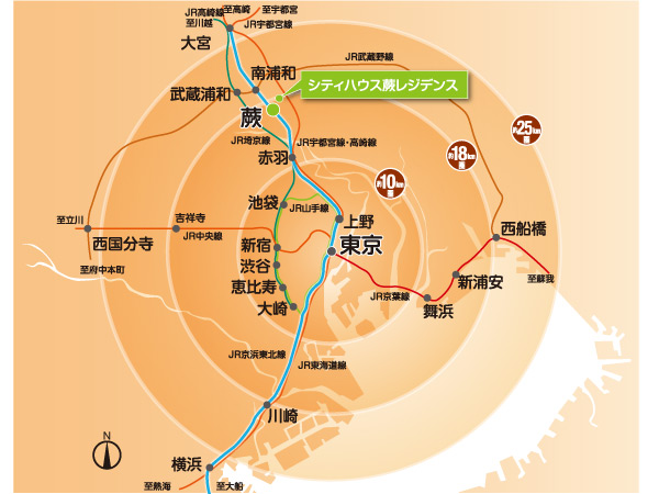 Surrounding environment. In addition to the location of an 8-minute walk from the "bracken" station, Direct access without transfer JR Keihin Tohoku Line in use until the "Tokyo" station.  ※ Some routes ・ It expressed an excerpt of the station, etc..  ※ Distance sphere is Gaihaka linear distance on the map from JR "Tokyo" Station Central Exit. (Distance bloc view)